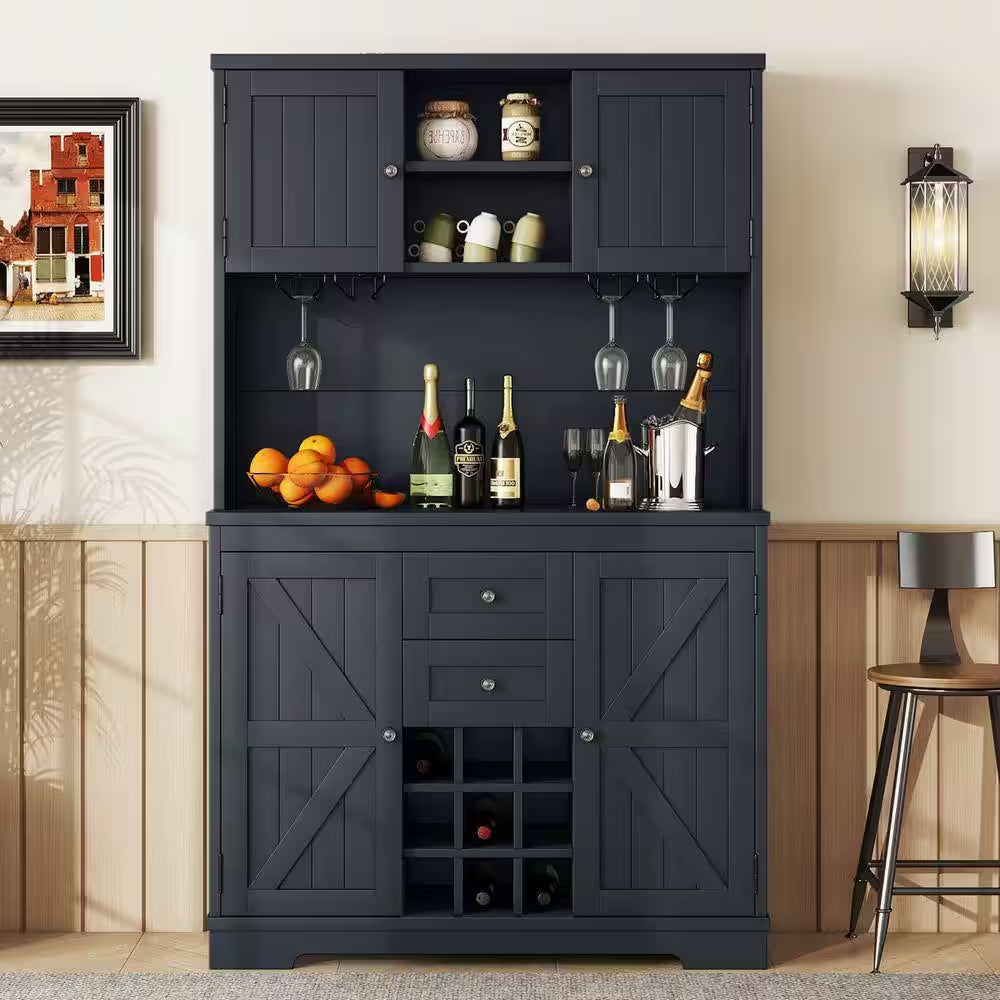 Farmhouse Antique Blue 9-Bottle Bar Cabinet with Glass Racks, Wood 47.32 In. W Buffet with Wine Storage