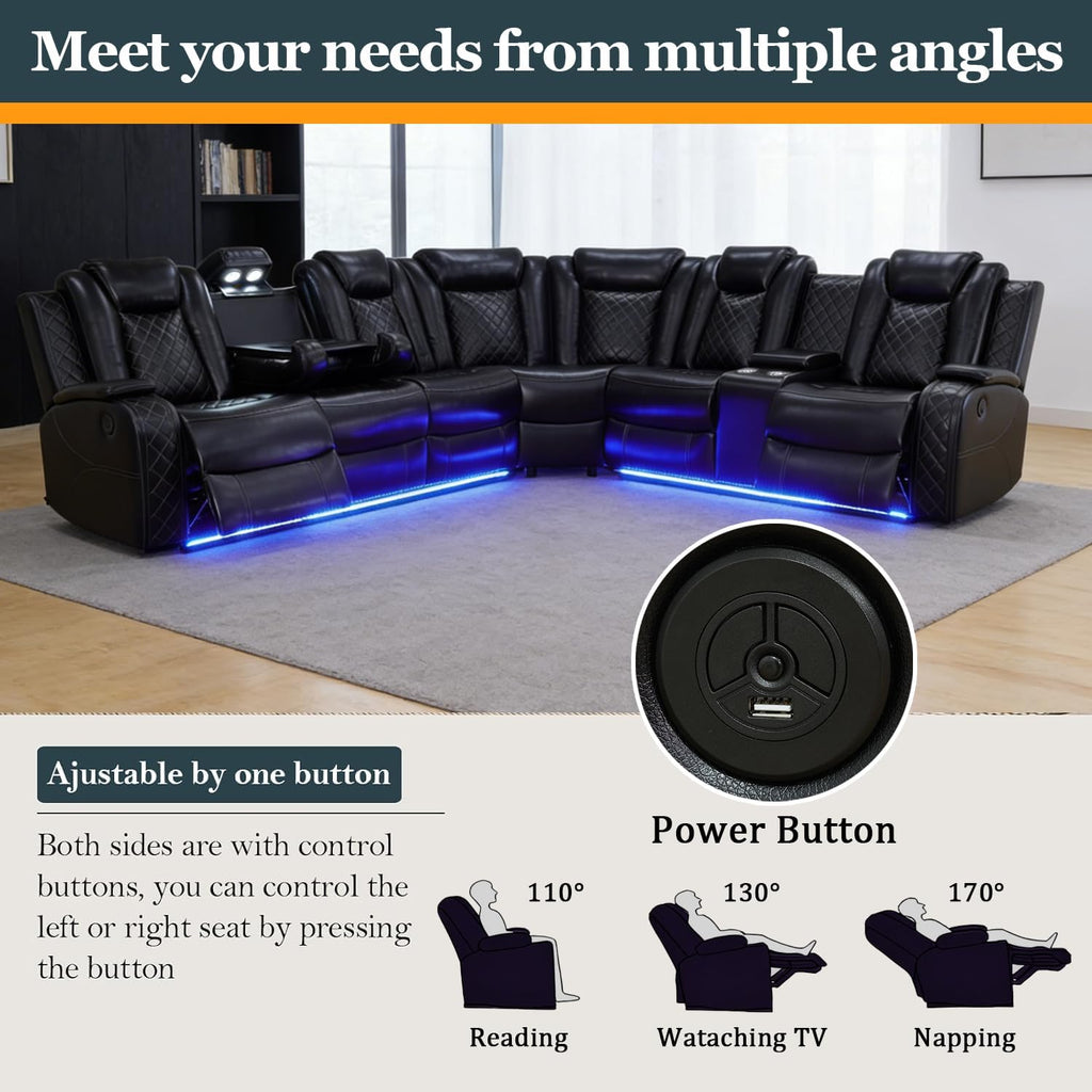 Power Recliner Sectional Sofa Set, Black Leather Sectional Couch for Living Room, L Shape Reclining Sofa with Cup Holder, Hidden Storage, Coffee Table for House(6 Seat)