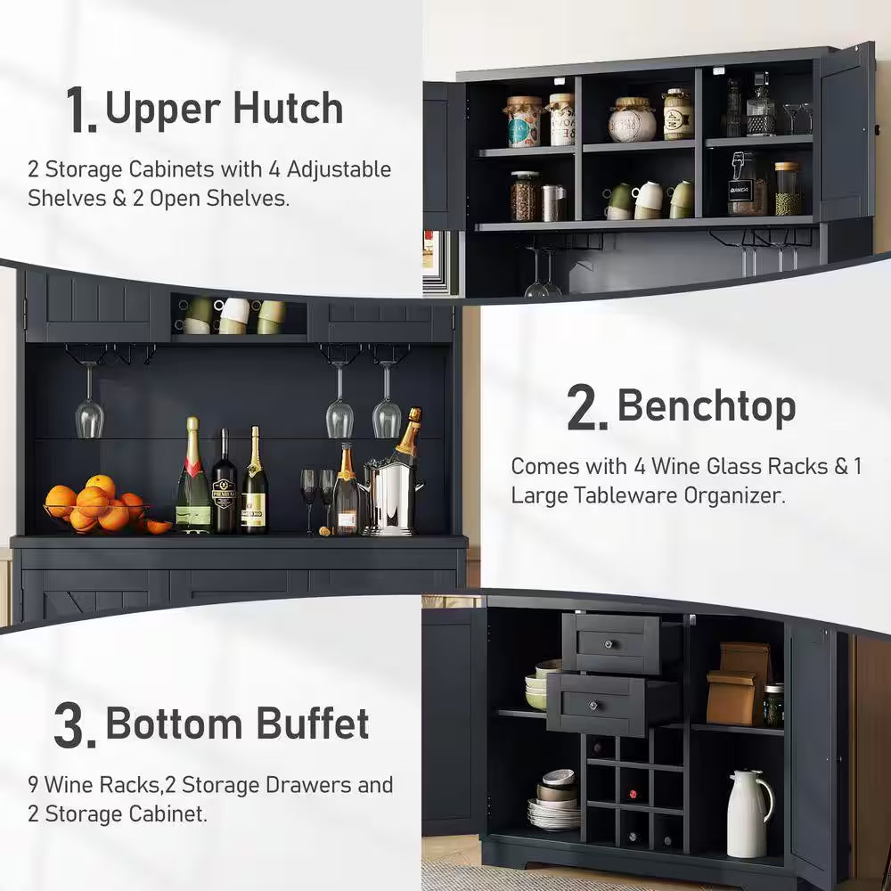 Farmhouse Antique Blue 9-Bottle Bar Cabinet with Glass Racks, Wood 47.32 In. W Buffet with Wine Storage