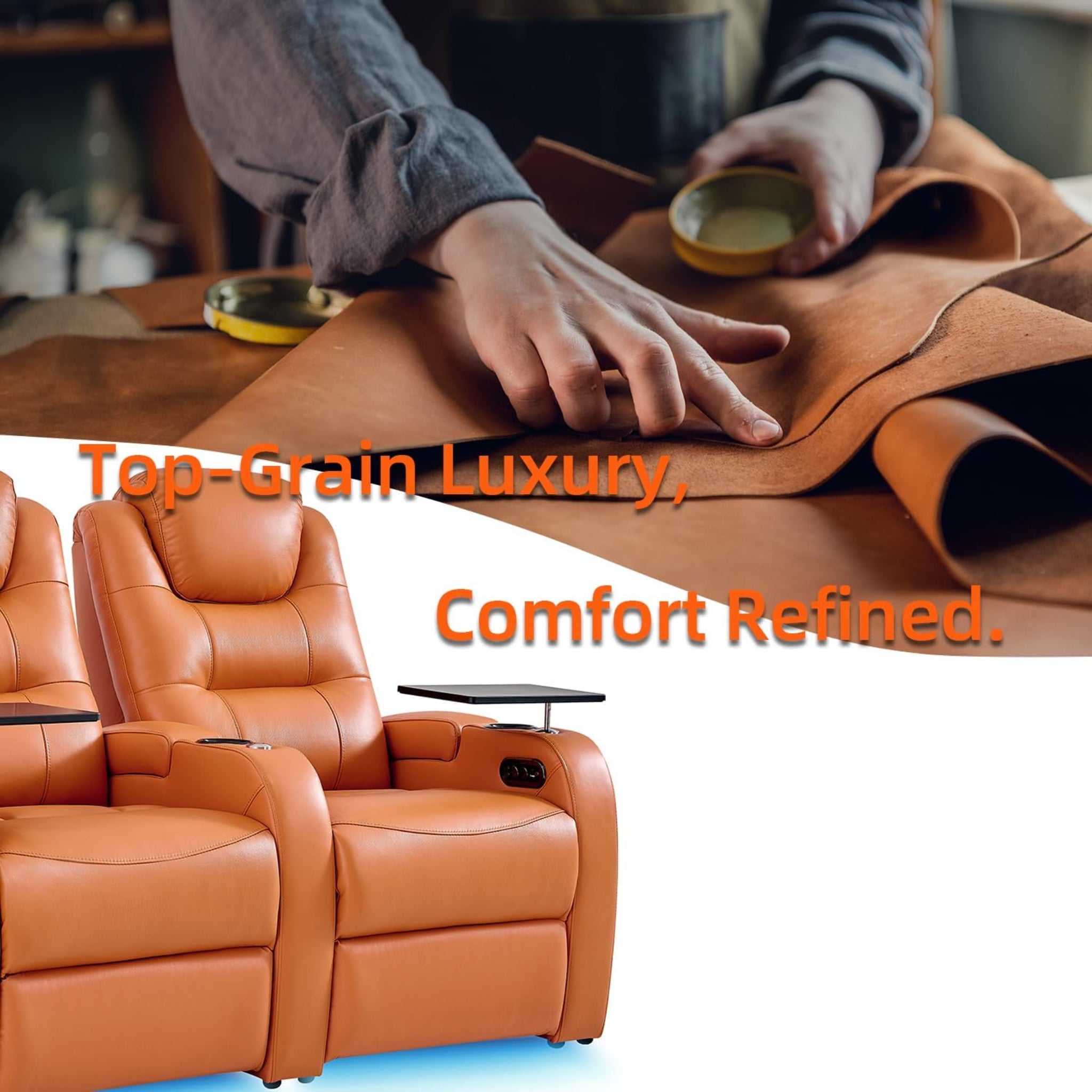 Leather Home Theater Seating, Simple Style Top Grain Leather Game Seats Movie Theater Chairs Recliner Sofa with Type-C USB Charger (Orange, Row of 3)