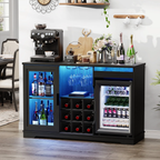 Wine Bar Cabinet with Fridge (Included), 47" Liquor Coffee Bar Cabinet with LED Lights & Rack, Mini Fridge Cabinet with Storage, Human Body Sensor, Buffet Sideboard for Dining Room, Black