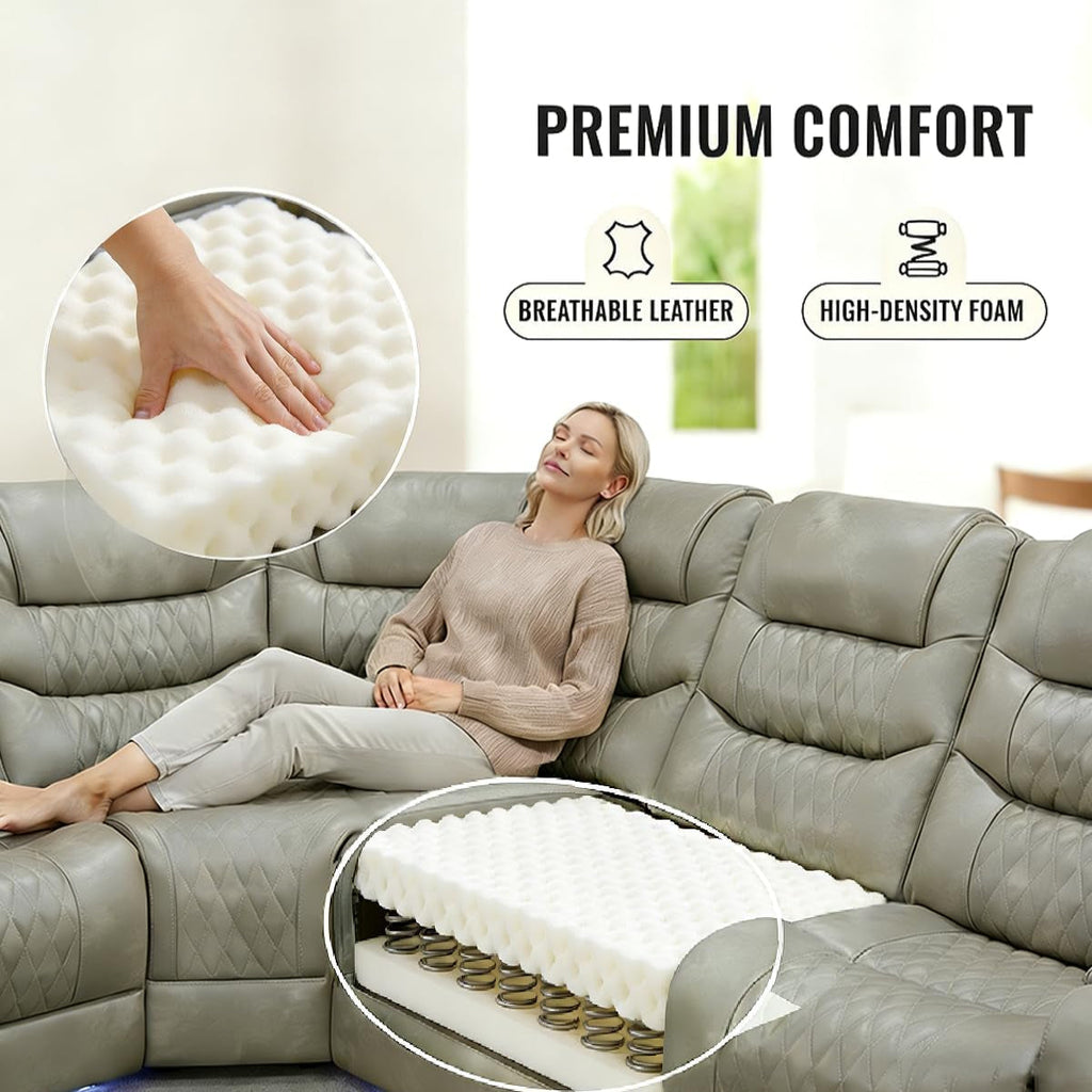 Breathing Leather Reclining Sofa Set,Power Recliner Sectional Couch with LED Light,Modern Living Room Furniture Set,Reclining Sectional Couch Set with USB Port/Storage for Home/Home Theater
