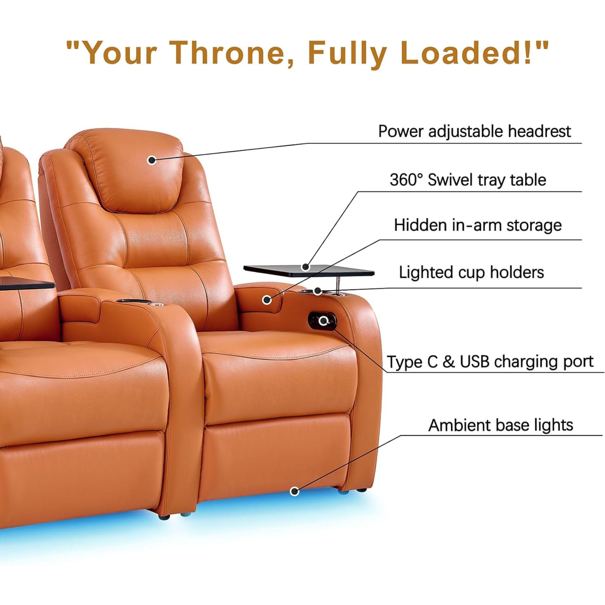 Leather Home Theater Seating, Simple Style Top Grain Leather Game Seats Movie Theater Chairs Recliner Sofa with Type-C USB Charger (Orange, Row of 3)