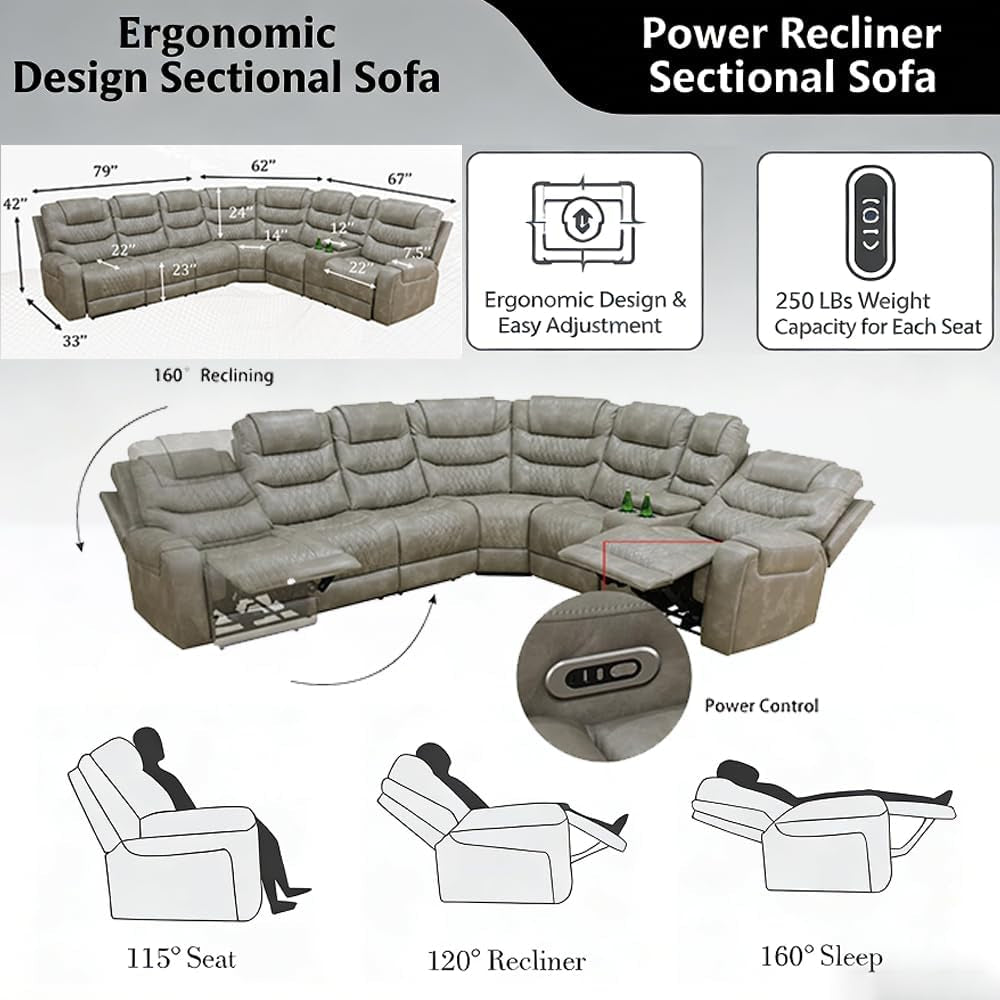 Breathing Leather Reclining Sofa Set,Power Recliner Sectional Couch with LED Light,Modern Living Room Furniture Set,Reclining Sectional Couch Set with USB Port/Storage for Home/Home Theater