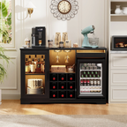 Wine Bar Cabinet with Fridge (Included), 47" Liquor Coffee Bar Cabinet with LED Lights & Rack, Mini Fridge Cabinet with Storage, Human Body Sensor, Buffet Sideboard for Dining Room, Black