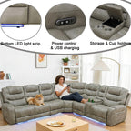 Breathing Leather Reclining Sofa Set,Power Recliner Sectional Couch with LED Light,Modern Living Room Furniture Set,Reclining Sectional Couch Set with USB Port/Storage for Home/Home Theater