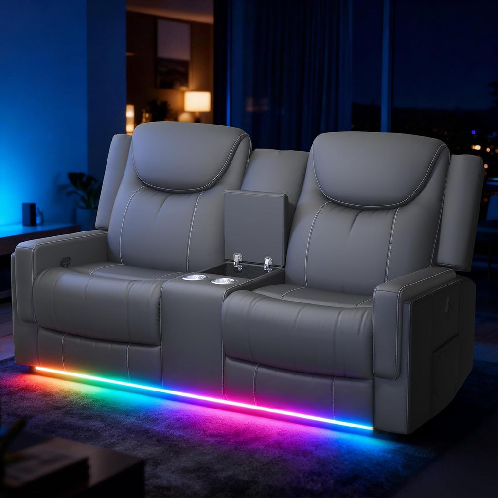 Manual Loveseat Recliner Sofa, Home Theater Seating with PU Gray Leather, Console with Cup Holders & Storage, USB Ports, 2 Seater Reclining Couch for Living Room, RV, Home Theater