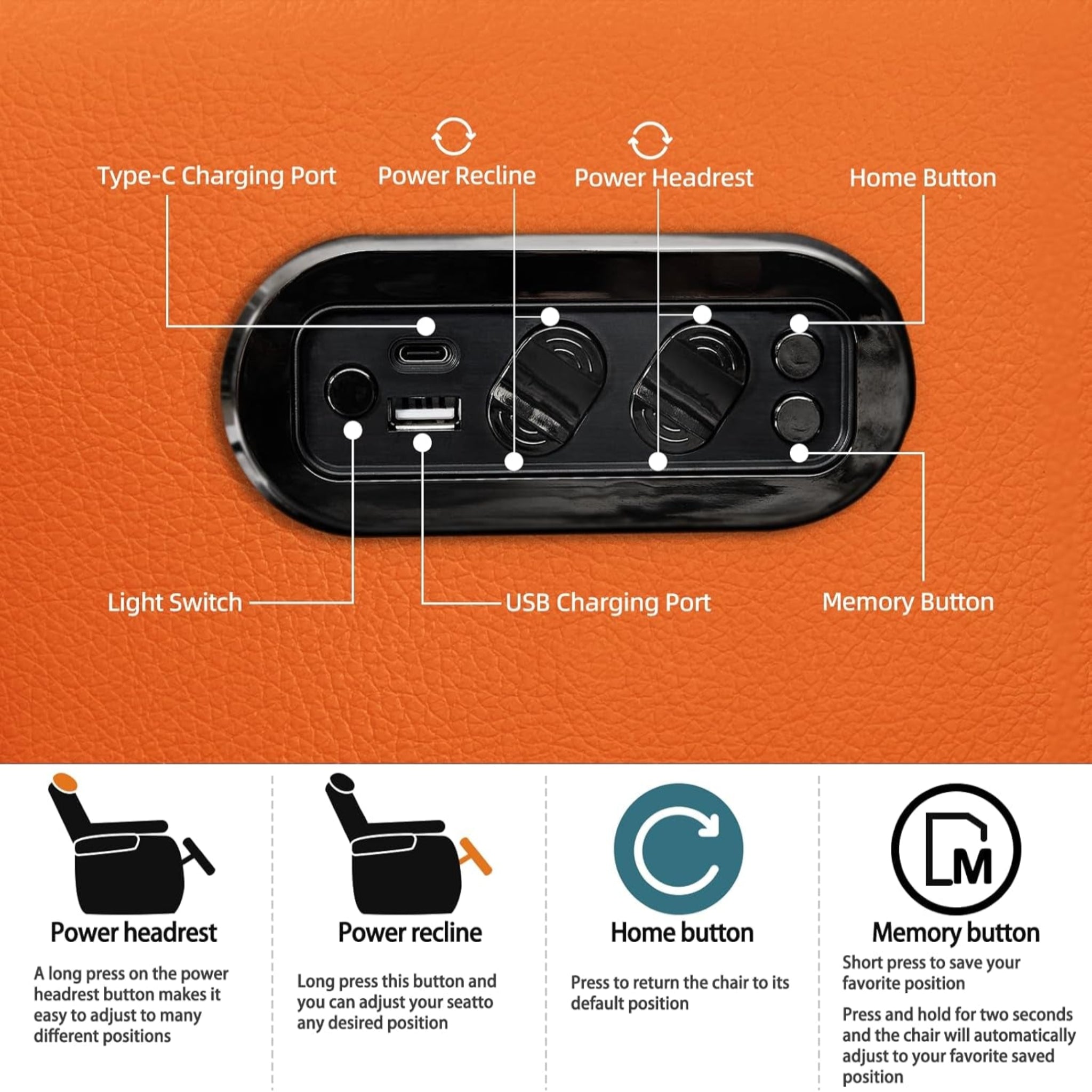 Leather Home Theater Seating, Simple Style Top Grain Leather Game Seats Movie Theater Chairs Recliner Sofa with Type-C USB Charger (Orange, Row of 3)
