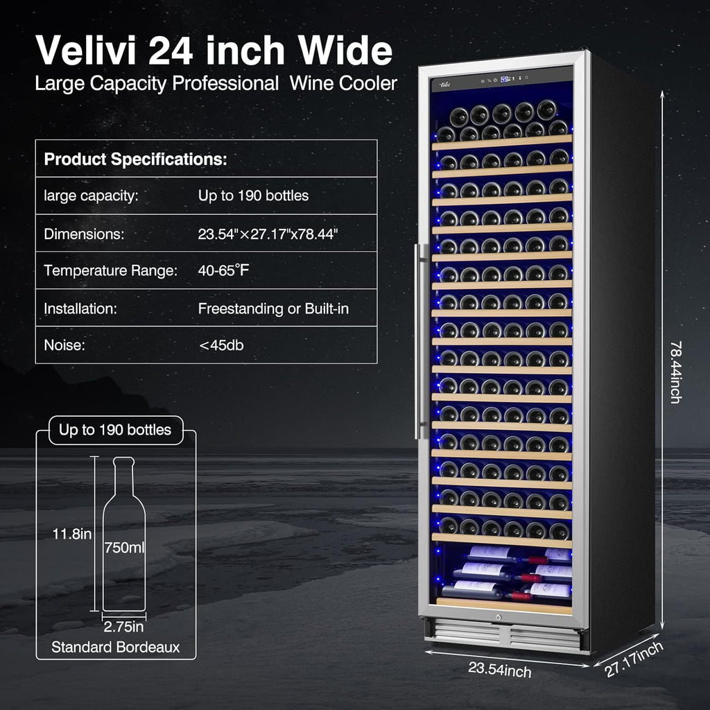 Upgraded 24 Inch Wine Cooler Refrigerator, 190 Bottles Wine Fridge with Professional Temperature Control System, Freestanding or Built-In Installation, Quiet Operation