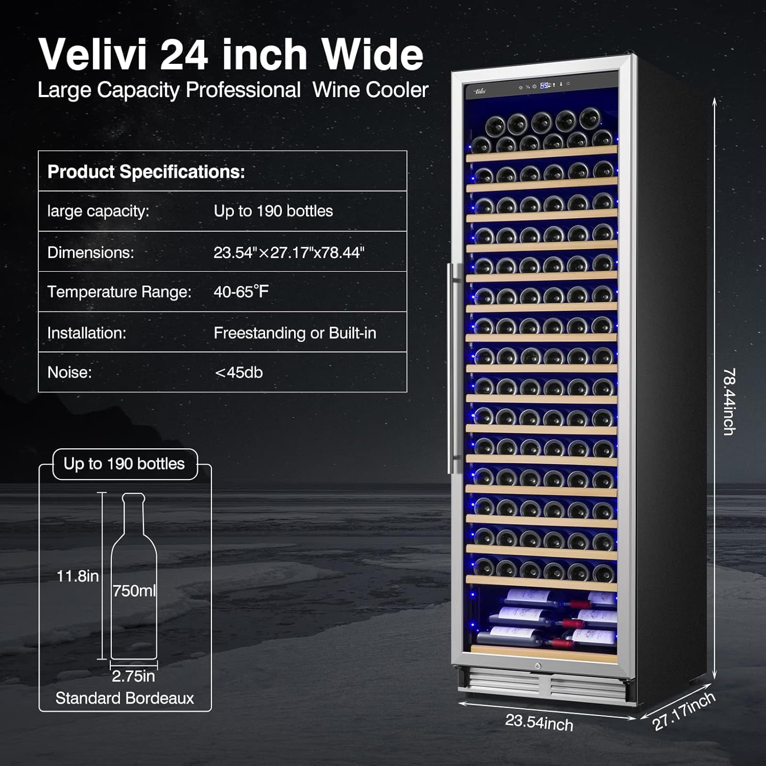 Upgraded 24 Inch Wine Cooler Refrigerator, 190 Bottles Wine Fridge with Professional Temperature Control System, Freestanding or Built-In Installation, Quiet Operation