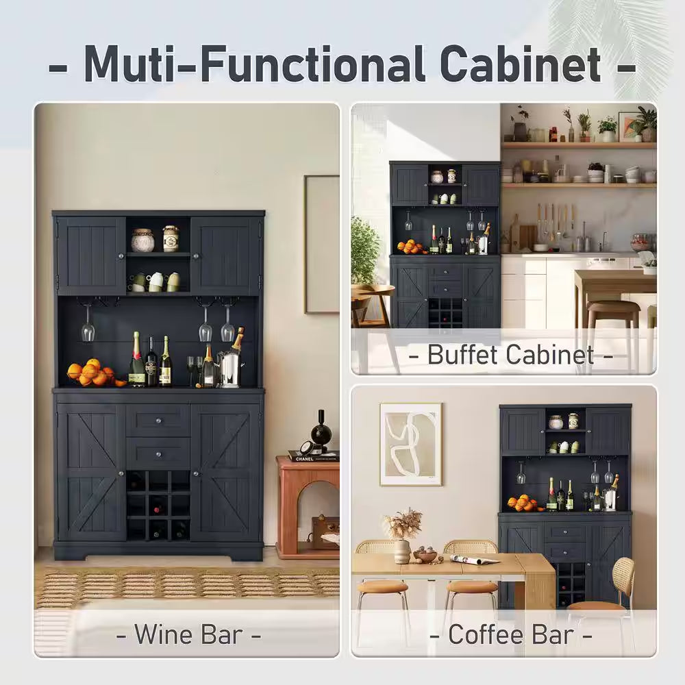 Farmhouse Antique Blue 9-Bottle Bar Cabinet with Glass Racks, Wood 47.32 In. W Buffet with Wine Storage