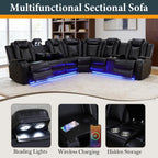 Power Recliner Sectional Sofa Set, Black Leather Sectional Couch for Living Room, L Shape Reclining Sofa with Cup Holder, Hidden Storage, Coffee Table for House(6 Seat)