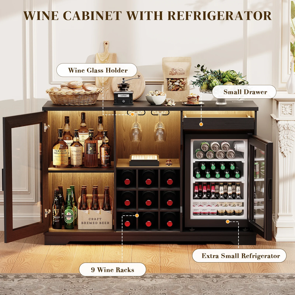 Wine Bar Cabinet with Fridge (Included), 47" Liquor Coffee Bar Cabinet with LED Lights & Rack, Mini Fridge Cabinet with Storage, Human Body Sensor, Buffet Sideboard for Dining Room, Black