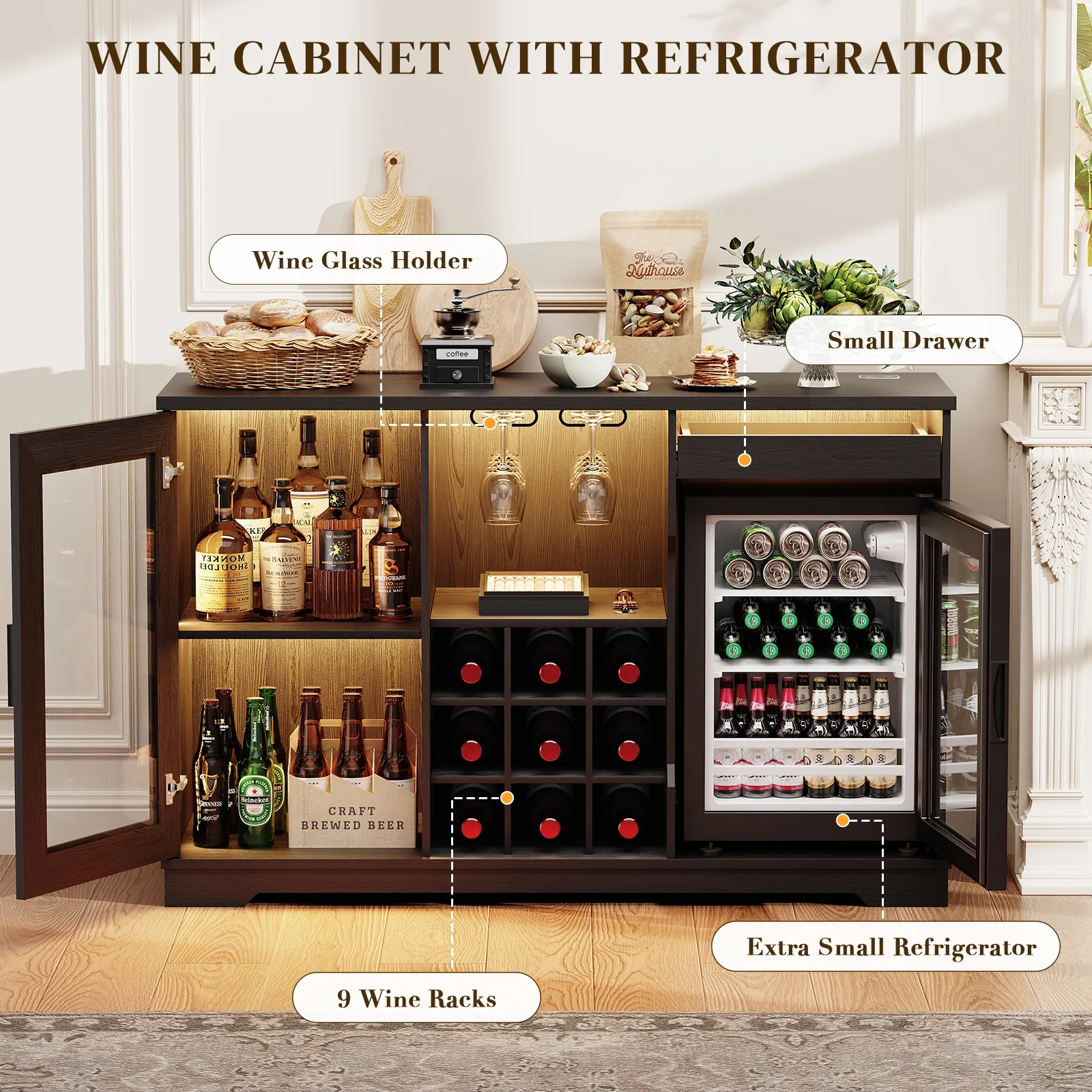 Wine Bar Cabinet with Fridge (Included), 47" Liquor Coffee Bar Cabinet with LED Lights & Rack, Mini Fridge Cabinet with Storage, Human Body Sensor, Buffet Sideboard for Dining Room, Black