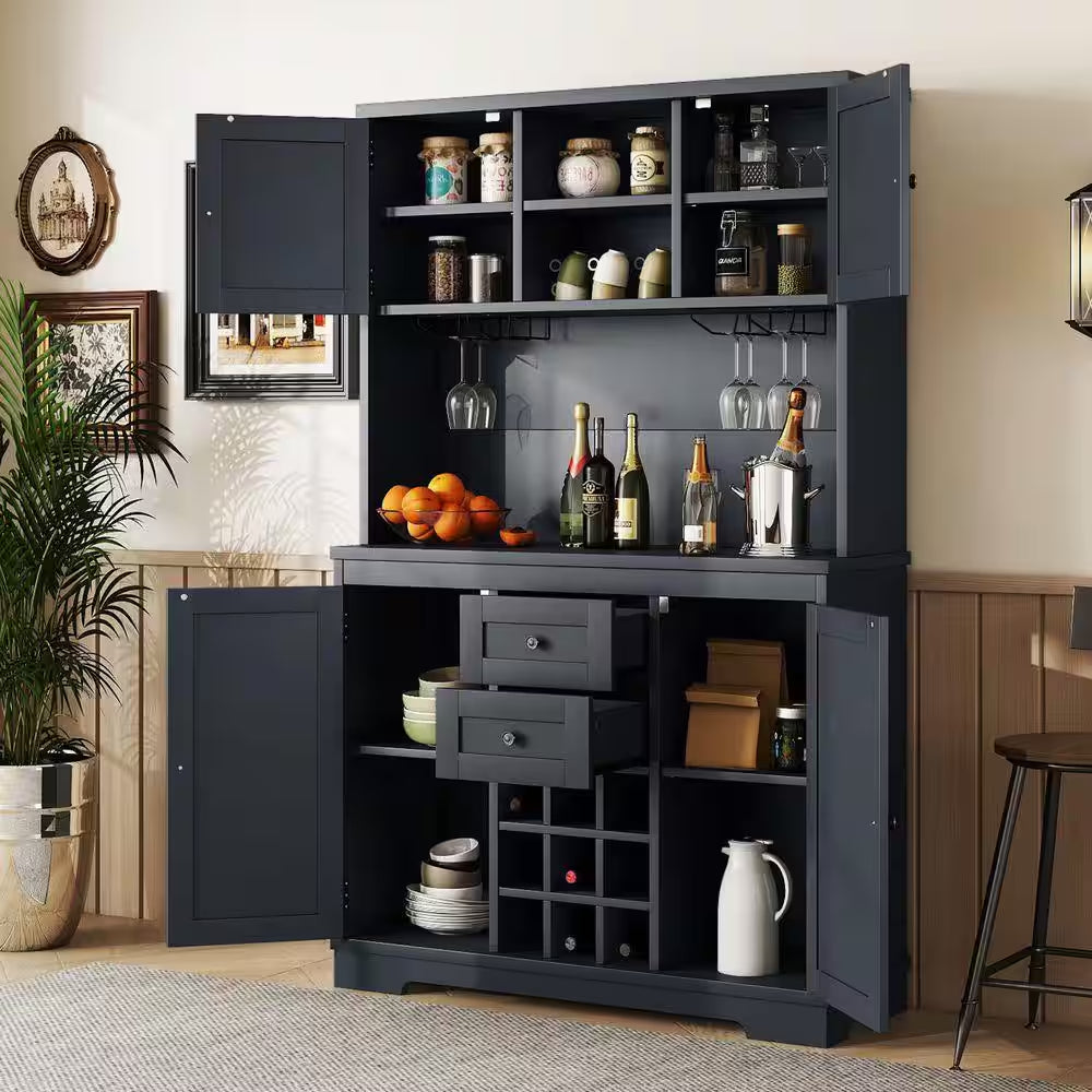 Farmhouse Antique Blue 9-Bottle Bar Cabinet with Glass Racks, Wood 47.32 In. W Buffet with Wine Storage