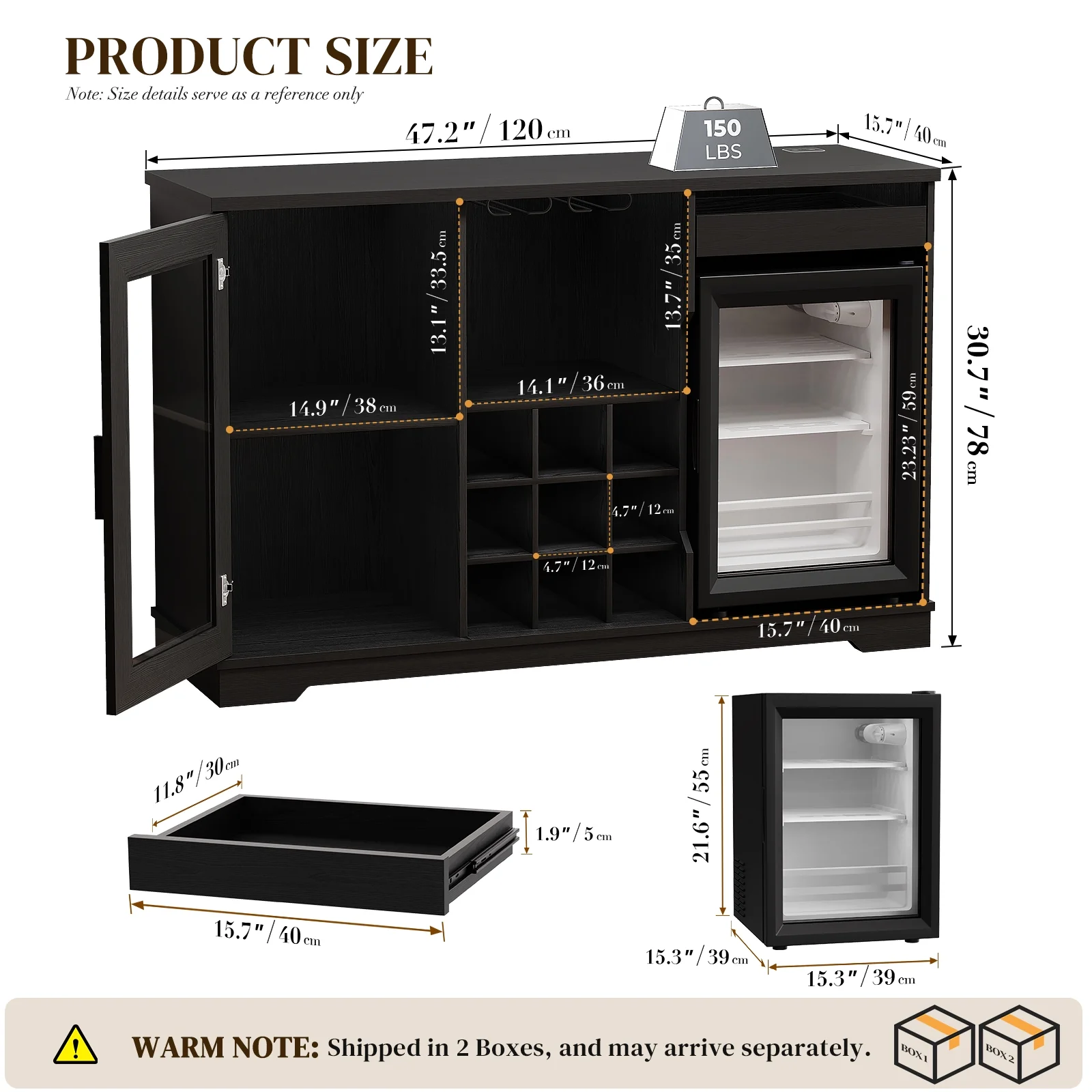 Wine Bar Cabinet with Fridge (Included), 47" Liquor Coffee Bar Cabinet with LED Lights & Rack, Mini Fridge Cabinet with Storage, Human Body Sensor, Buffet Sideboard for Dining Room, Black