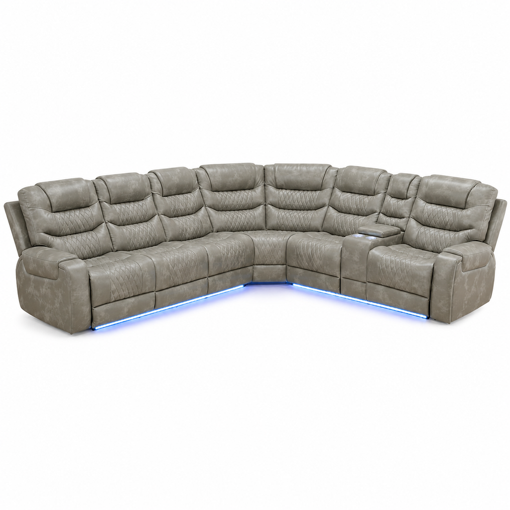 Breathing Leather Reclining Sofa Set,Power Recliner Sectional Couch with LED Light,Modern Living Room Furniture Set,Reclining Sectional Couch Set with USB Port/Storage for Home/Home Theater