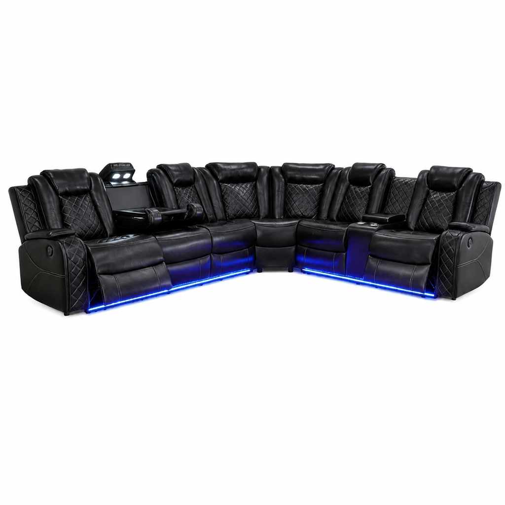 Power Recliner Sectional Sofa Set, Black Leather Sectional Couch for Living Room, L Shape Reclining Sofa with Cup Holder, Hidden Storage, Coffee Table for House(6 Seat)