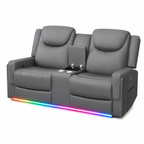 Manual Loveseat Recliner Sofa, Home Theater Seating with PU Gray Leather, Console with Cup Holders & Storage, USB Ports, 2 Seater Reclining Couch for Living Room, RV, Home Theater