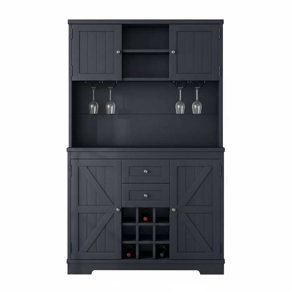 Farmhouse Antique Blue 9-Bottle Bar Cabinet with Glass Racks, Wood 47.32 In. W Buffet with Wine Storage