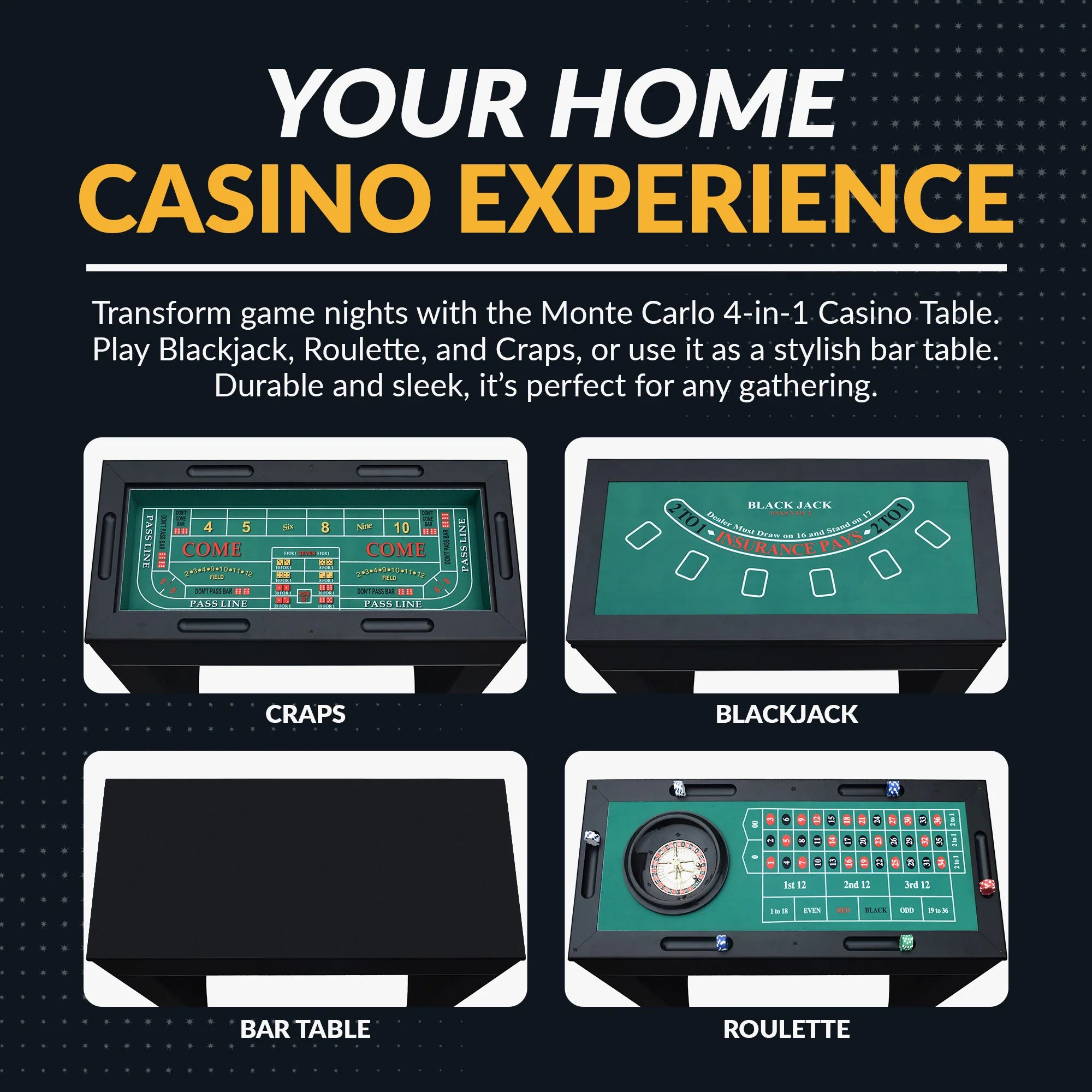 Monte Carlo 4-In-1 Multi Combo Game Table Set, Roulette, Blackjack, Craps