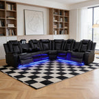 Power Recliner Sectional Sofa Set, Black Leather Sectional Couch for Living Room, L Shape Reclining Sofa with Cup Holder, Hidden Storage, Coffee Table for House(6 Seat)