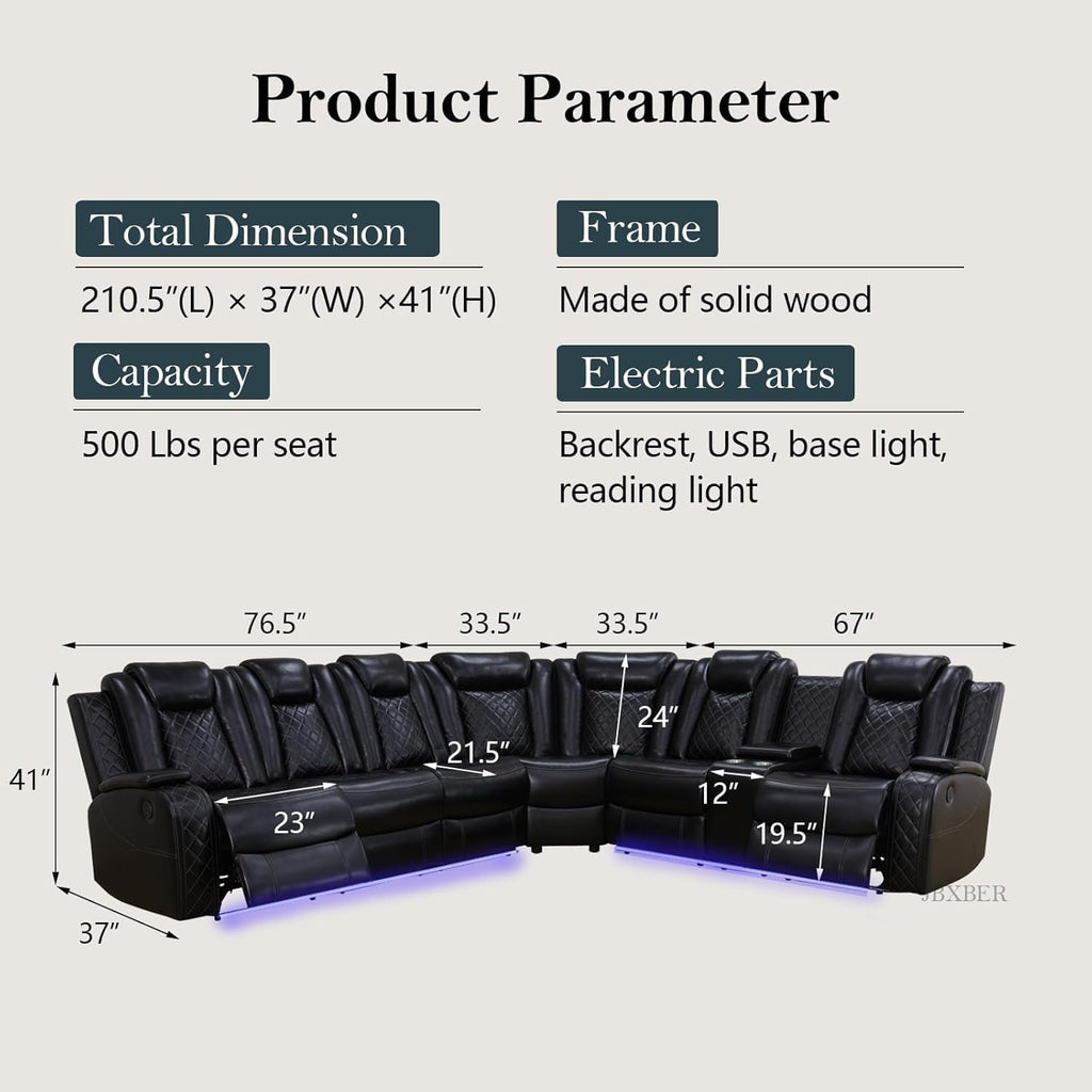 Power Recliner Sectional Sofa Set, Black Leather Sectional Couch for Living Room, L Shape Reclining Sofa with Cup Holder, Hidden Storage, Coffee Table for House(6 Seat)