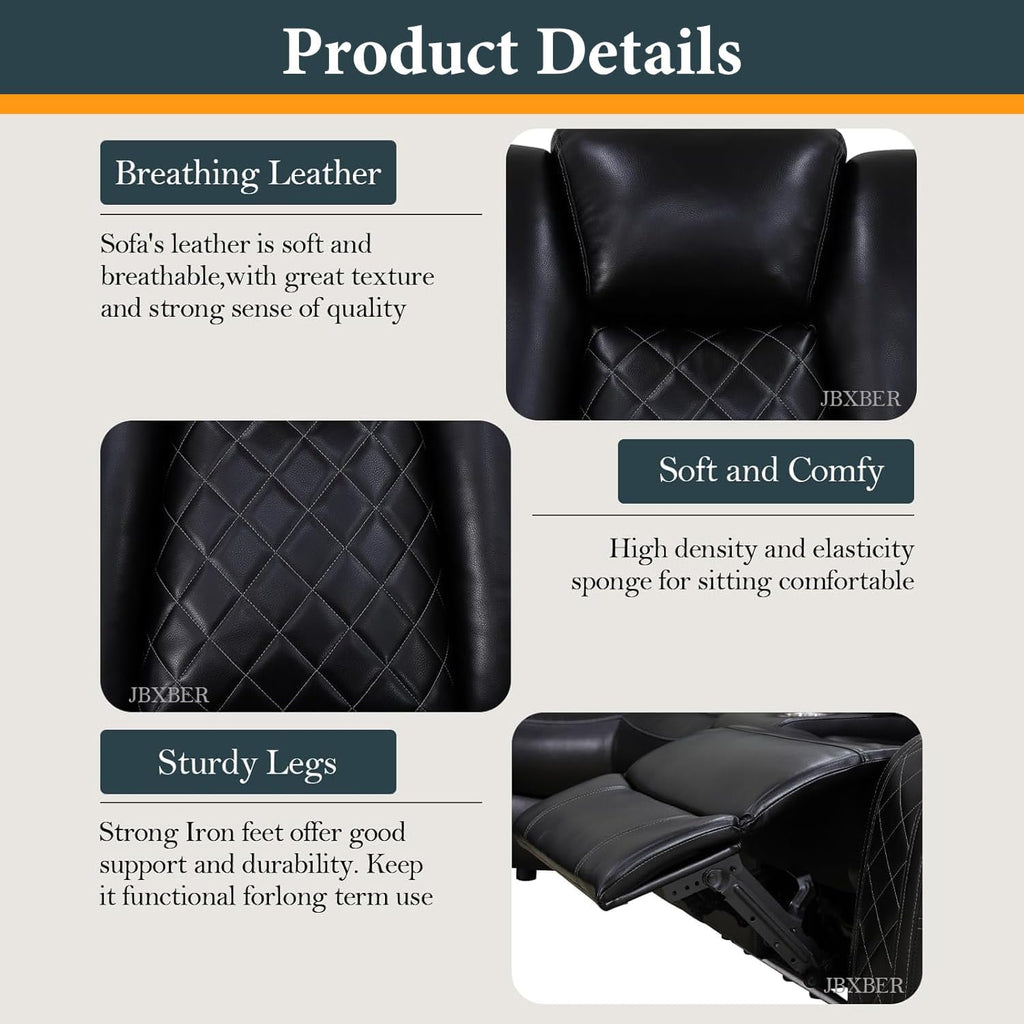 Power Recliner Sectional Sofa Set, Black Leather Sectional Couch for Living Room, L Shape Reclining Sofa with Cup Holder, Hidden Storage, Coffee Table for House(6 Seat)