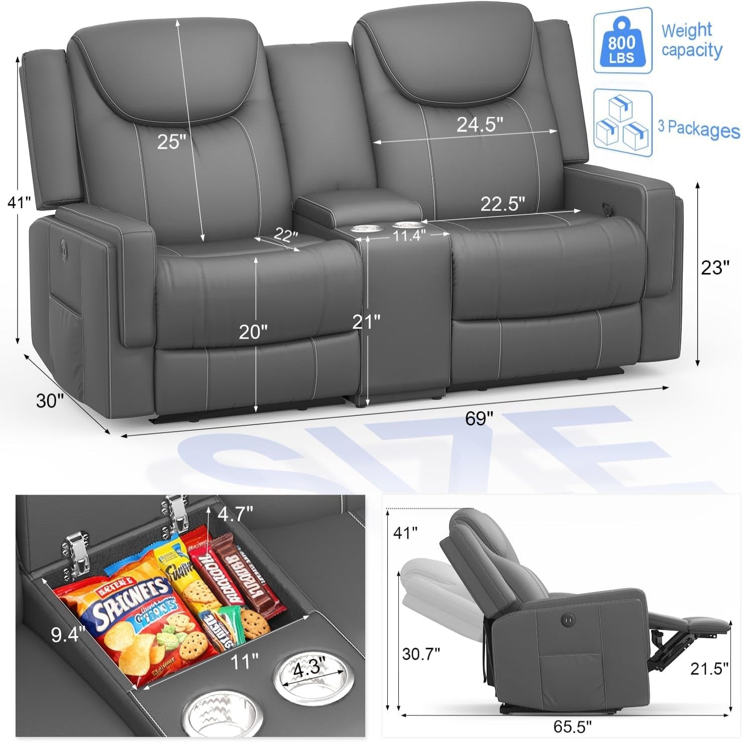 Manual Loveseat Recliner Sofa, Home Theater Seating with PU Gray Leather, Console with Cup Holders & Storage, USB Ports, 2 Seater Reclining Couch for Living Room, RV, Home Theater