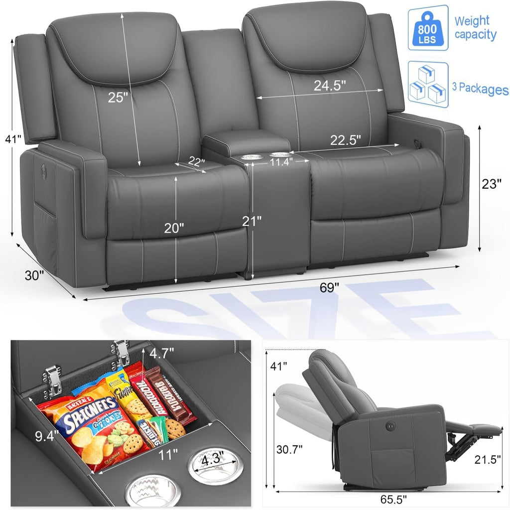 Manual Loveseat Recliner Sofa, Home Theater Seating with PU Gray Leather, Console with Cup Holders & Storage, USB Ports, 2 Seater Reclining Couch for Living Room, RV, Home Theater